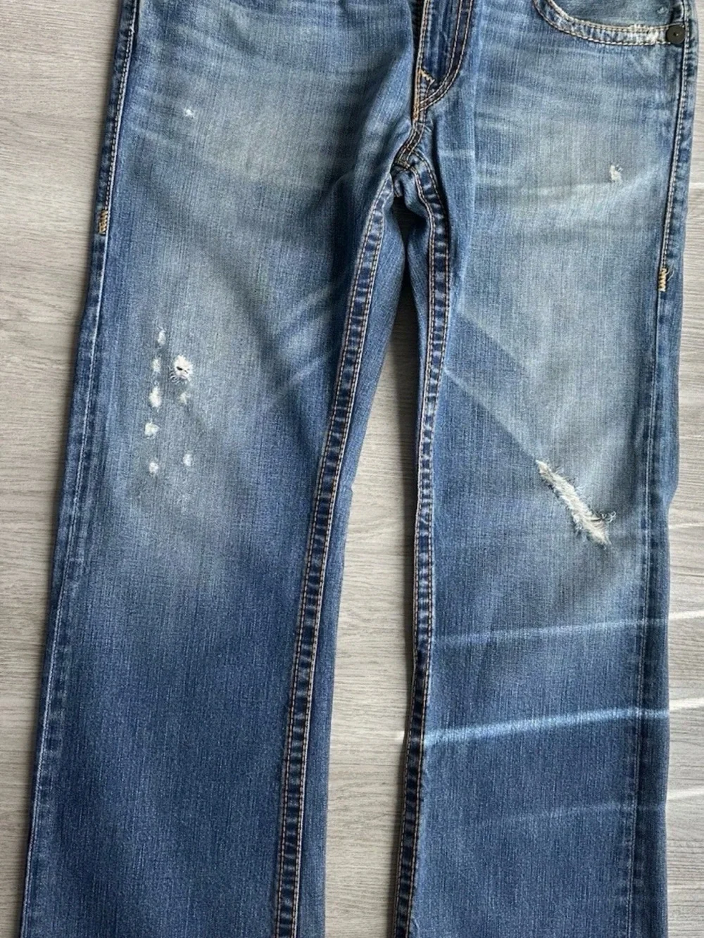 True Religion Men's Straight Jeans in Distressed Blue Wash